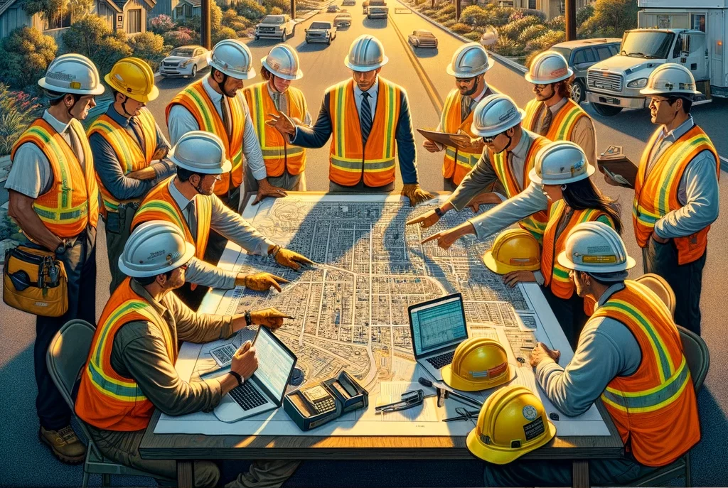 DALL·E 2024-03-26 14.23.20 - A detailed scene depicting a group of professionals in safety gear (helmets, reflective vests) gathered around a table with maps and laptops, discussi