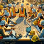 DALL·E 2024-03-26 14.23.20 - A detailed scene depicting a group of professionals in safety gear (helmets, reflective vests) gathered around a table with maps and laptops, discussi