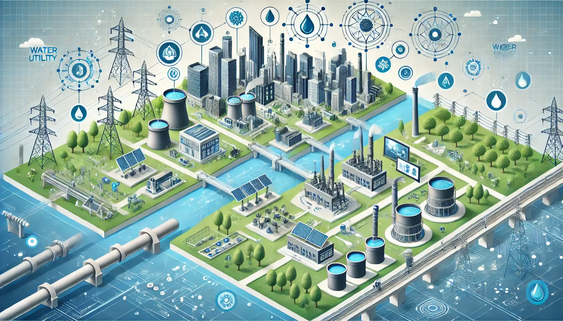 DALL·E 2024-07-02 10.22.58 - A horizontal graphic depicting 'Water Utility Innovations'. The graphic features modern water infrastructure with futuristic technology such as smart