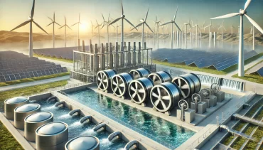 DALL·E 2024-10-29 11.38.00 - A detailed illustration of a modern water utility facility, showcasing sustainable energy solutions with flywheel technology. The scene includes cylin